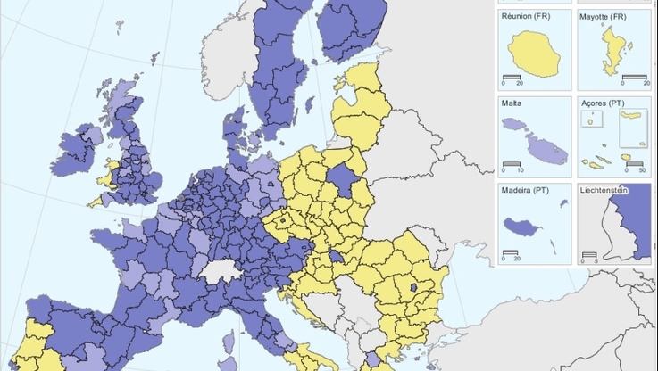 Klasyfikacja regionów do wsparcia z funduszy strukturalnych. Regiony NUTS 2: na żółto - słabo rozwinięte, jasny fiolet - przejściowe, ciemny fiolet - lepiej rozwinięte