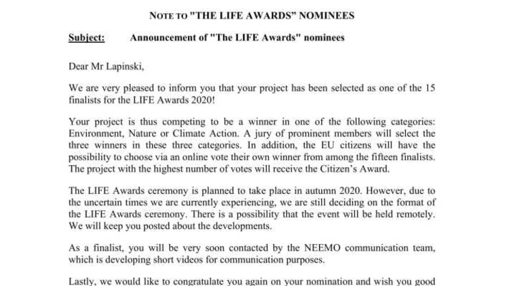 Potwierdzenie nominacji do finału LIFE Awards