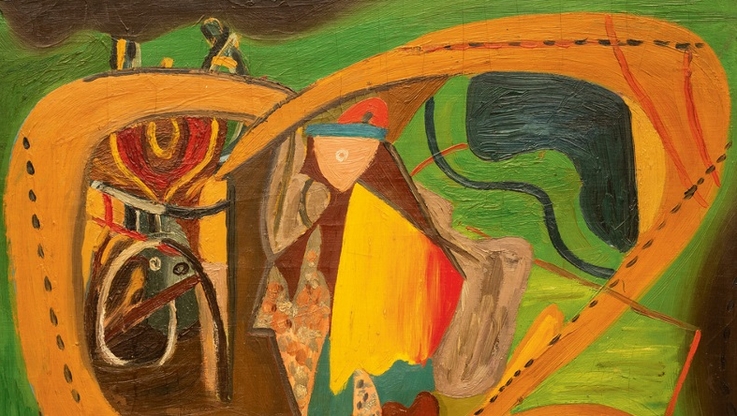 Libra Dom Aukcyjny - Fragment obrazu „Pożegnanie żołnierza”, prezentowanego na wystawie „Marek Włodarski / Henryk Streng. Widoki surrealizmu”