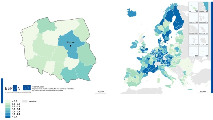 ESPON - Wydatki na badania i rozwój w poszczególnych regionach 27 państw członkowskich UE oraz Wielkiej Brytanii, Islandii, Liechtensteinie, Norwegii. Dane w proc. PKB.