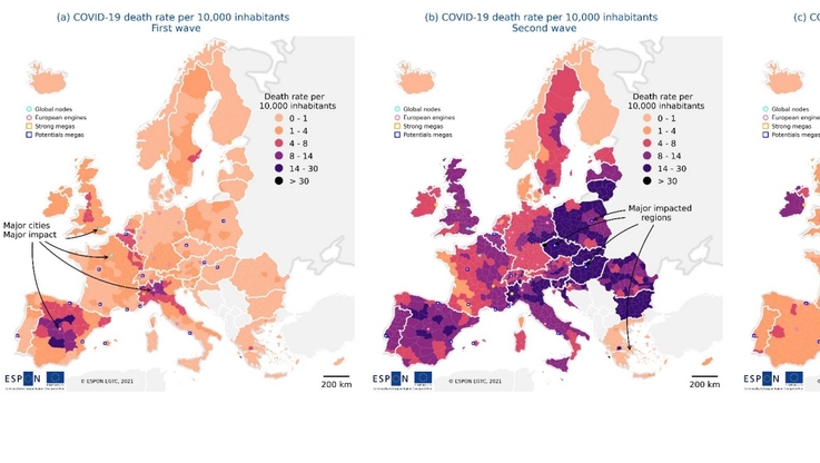 ESPON - Liczba zgonów na 10 000 mieszkańców podczas kolejnych fal pandemii COVID-19 w Europie