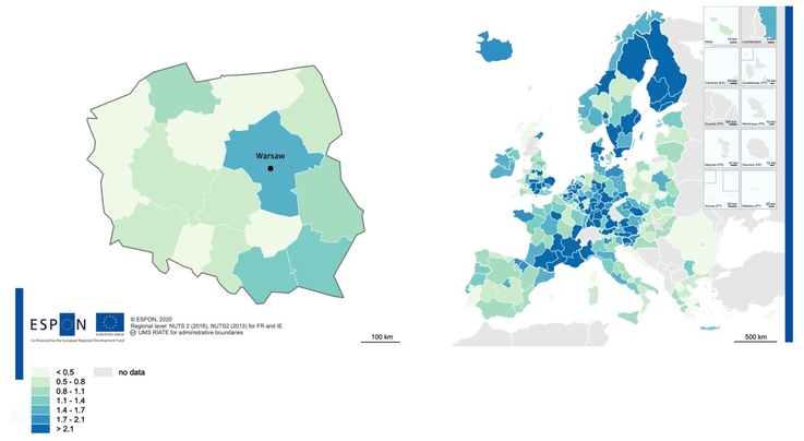 ESPON - Wydatki na badania i rozwój w poszczególnych regionach 27 państw członkowskich UE oraz Wielkiej Brytanii, Islandii, Liechtensteinie, Norwegii. Dane w proc. PKB.