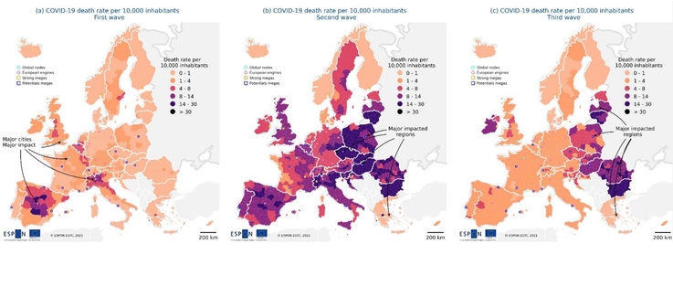 ESPON - Liczba zgonów na 10 000 mieszkańców podczas kolejnych fal pandemii COVID-19 w Europie